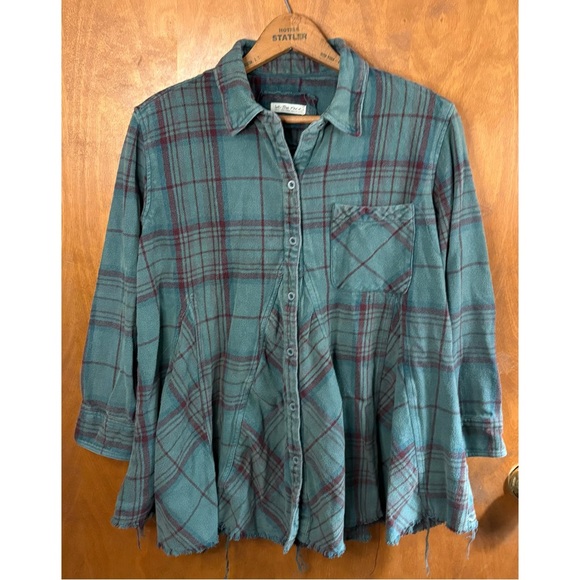 Free People Tops - We The Free People Green Plaid Oversized Babydoll Button Up Shirt Shacket Boho